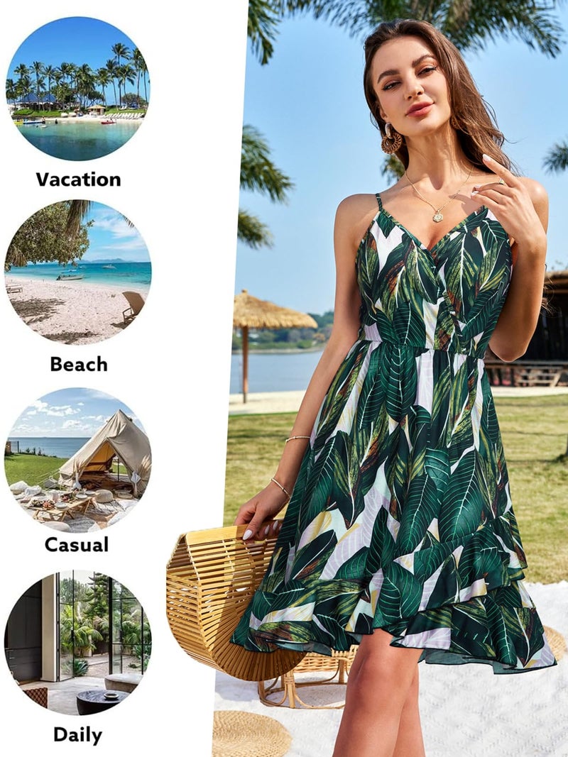 ULTRANICE Women Summer Dress Spring Beach Casual Sundresses Trendy Green Floral Wrap Flowy Vacation Outfits Clothes Wedding V-Neck Spaghetti Strap Midi Dresses(Green White Floral,M) - Image 3